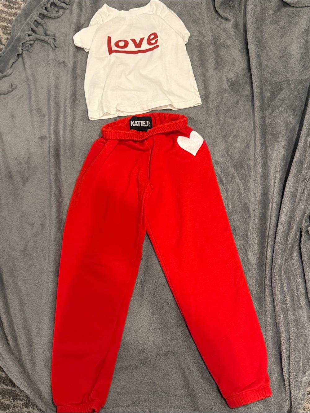 Katie J NYC Red Sweatpants with White Heart Accent